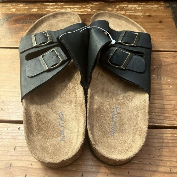 Nautica NWOT Men\'s Double Buckle Slide Sandal Size 10 Black Rubber Grip Sole